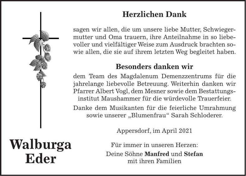 Traueranzeige Walburga Eder