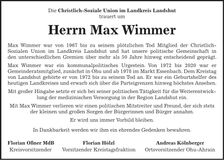 Traueranzeige Max Wimmer