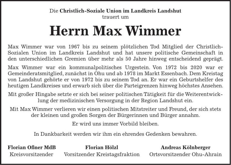 Traueranzeige Max Wimmer