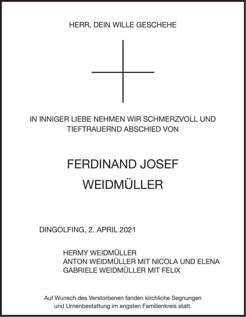 Traueranzeige Ferdinand Josef Weidmüller