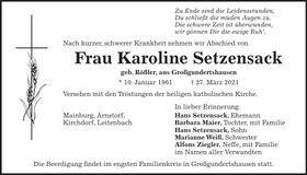 Traueranzeige Karoline Setzensack