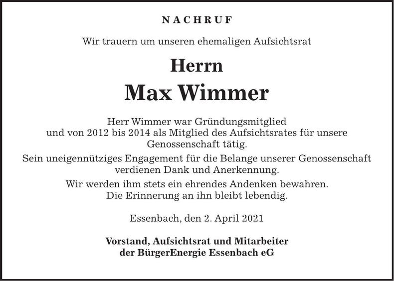 Traueranzeige Max Wimmer
