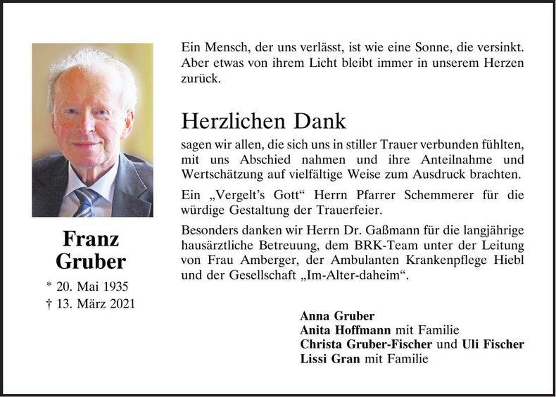 Traueranzeige Franz Gruber