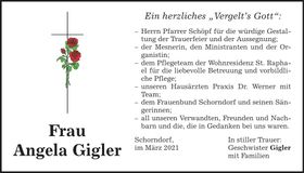 Traueranzeige Angela Gigler