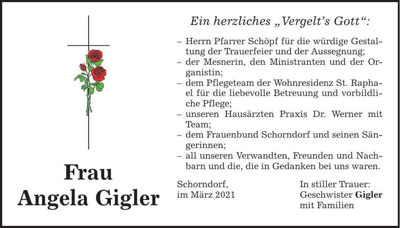 Traueranzeige Angela Gigler