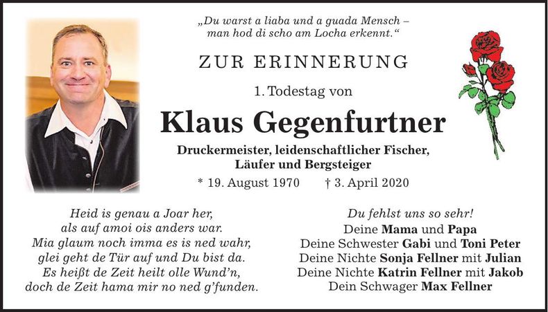 Traueranzeige Klaus Gegenfurtner