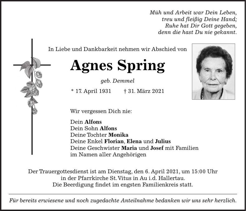 Traueranzeige Agnes Spring