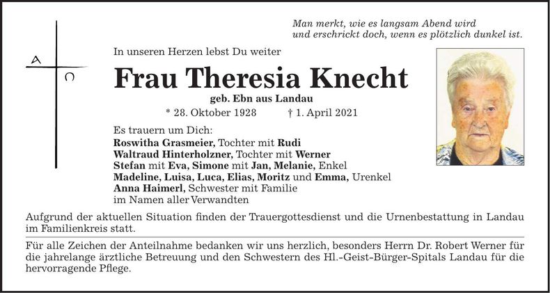 Traueranzeige Theresia Knecht