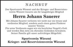 Traueranzeige Johann Sauerer