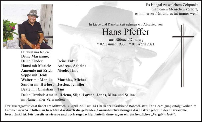 Traueranzeige Hans Pfeffer