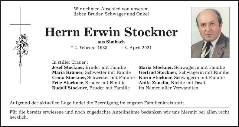 Traueranzeige Erwin Stockner