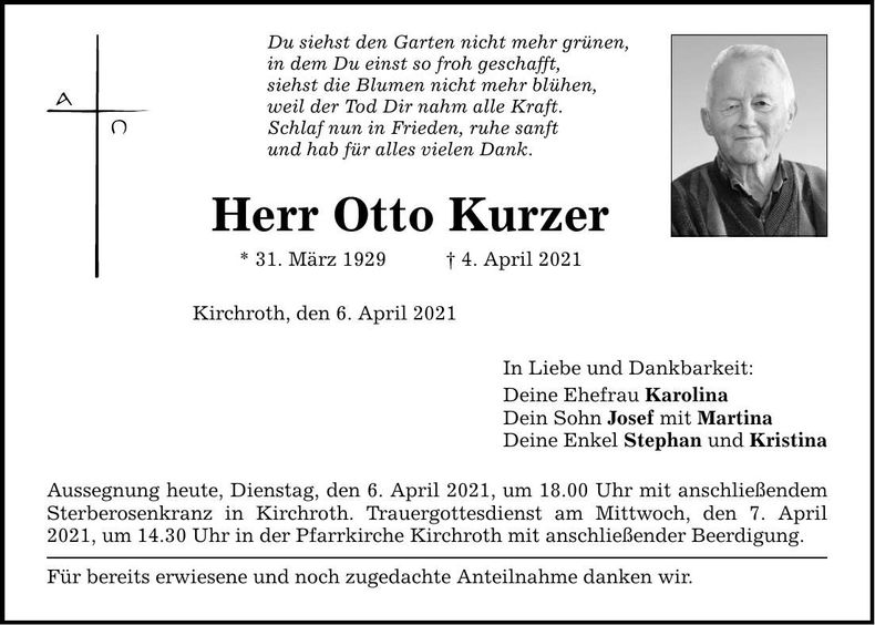 Traueranzeige Otto Kurzer