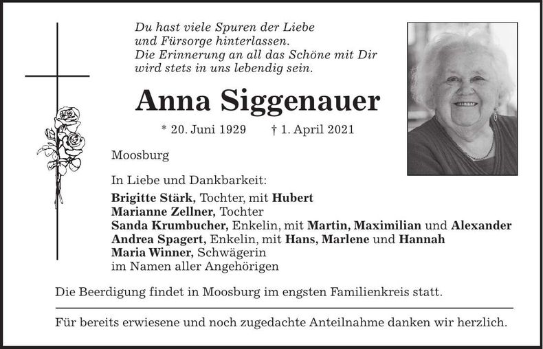 Traueranzeige Anna Siggenauer