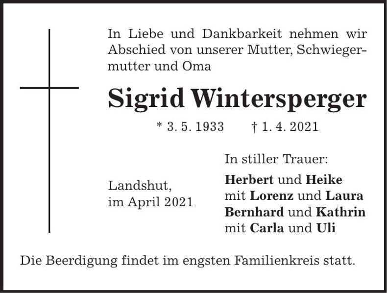 Traueranzeige Sigrid Wintersperger