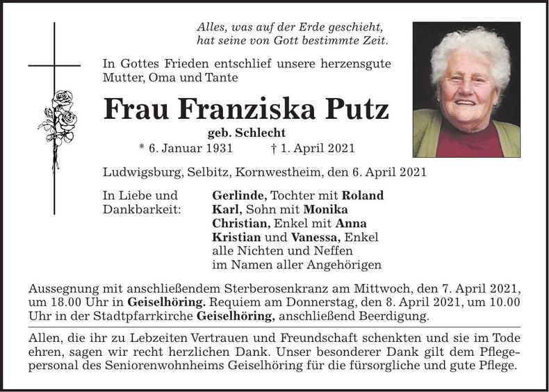 Traueranzeige Franziska Putz