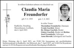 Traueranzeige Claudia Maria Freundorfer