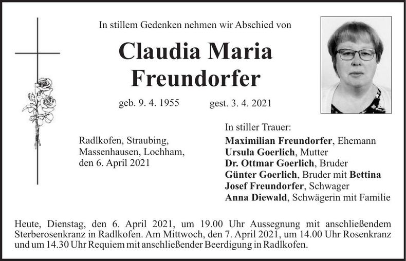 Traueranzeige Claudia Maria Freundorfer