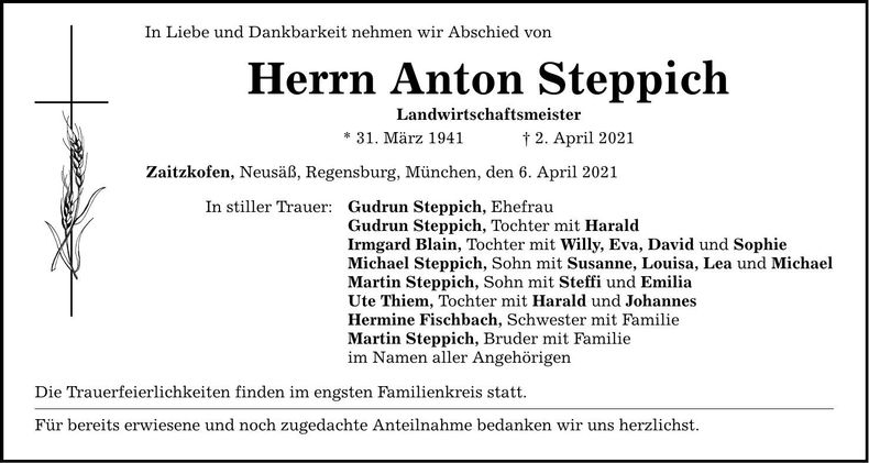 Traueranzeige Anton Steppich