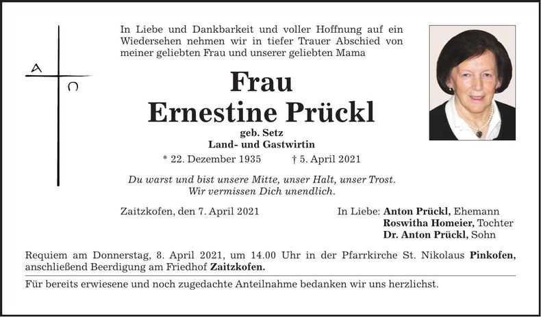 Traueranzeige Ernestine Prückl