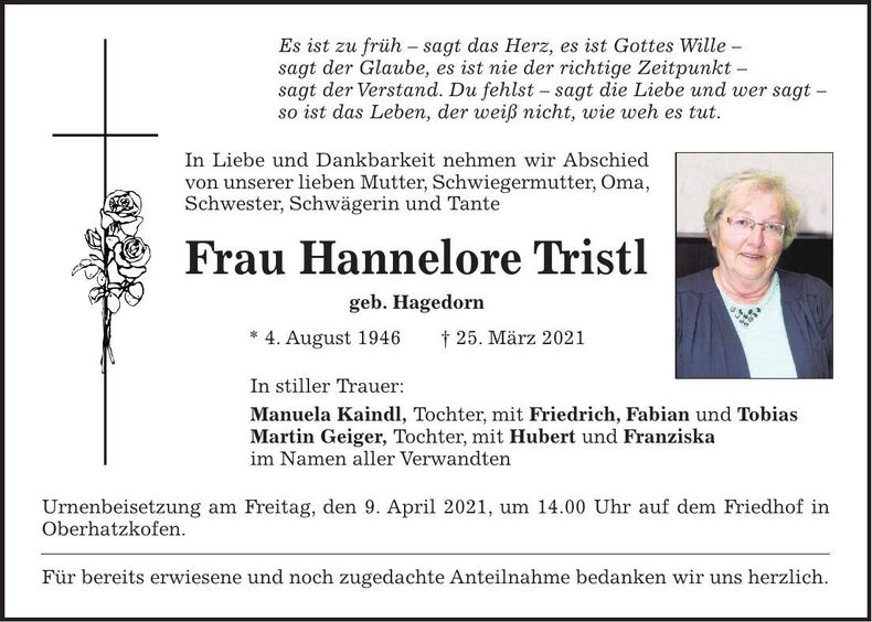 Traueranzeige Hannelore Tristl