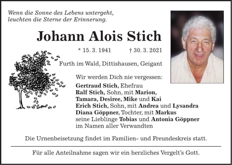 Traueranzeige Johann Stich