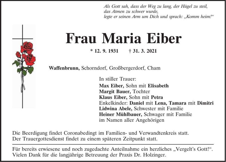 Traueranzeige Maria Eiber