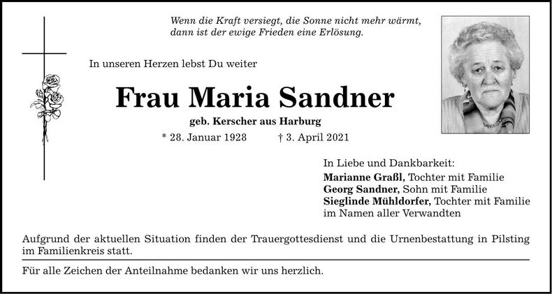 Traueranzeige Maria Sandner