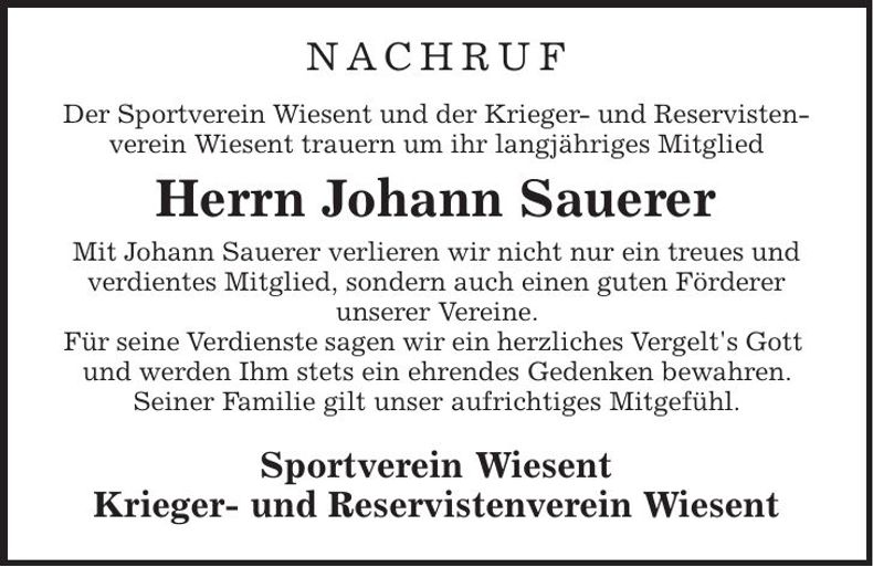 Traueranzeige Johann Sauerer