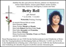 Traueranzeige Betty Reil