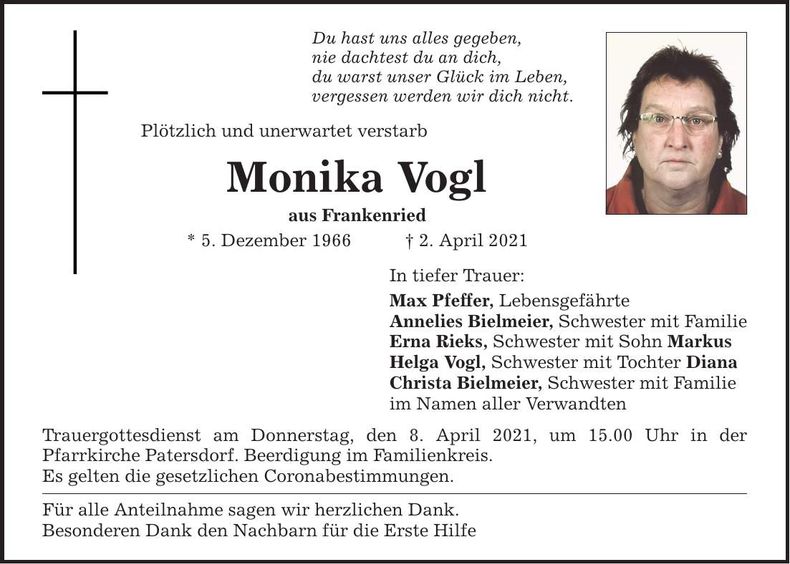 Traueranzeige Monika Vogl