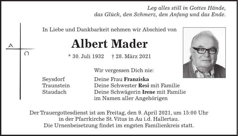 Traueranzeige Albert Mader