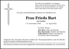Traueranzeige Frieda Bart