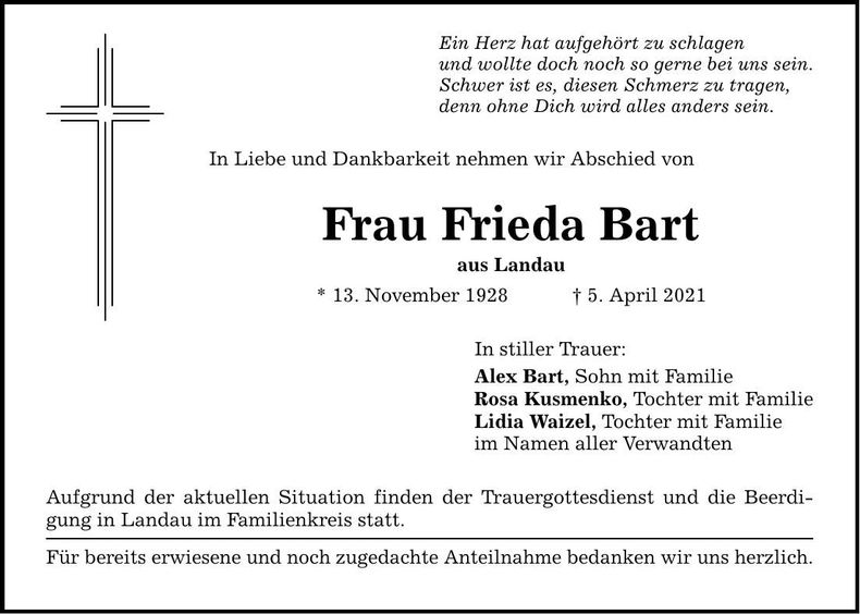 Traueranzeige Frieda Bart