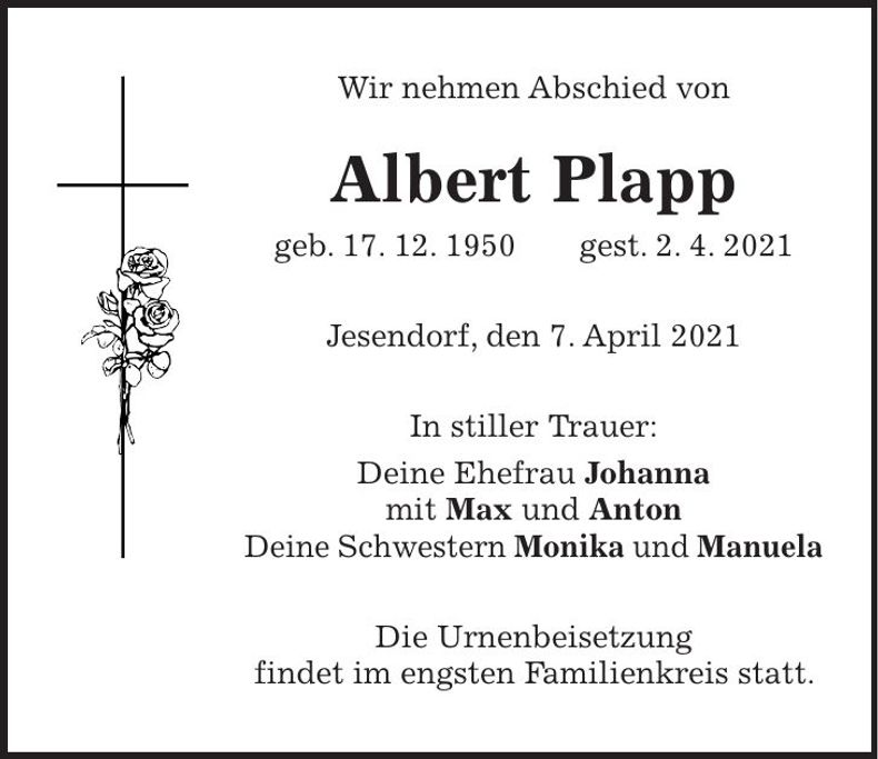 Traueranzeige Albert Plapp