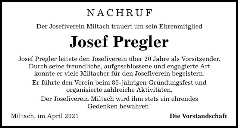 Traueranzeige Josef Pregler