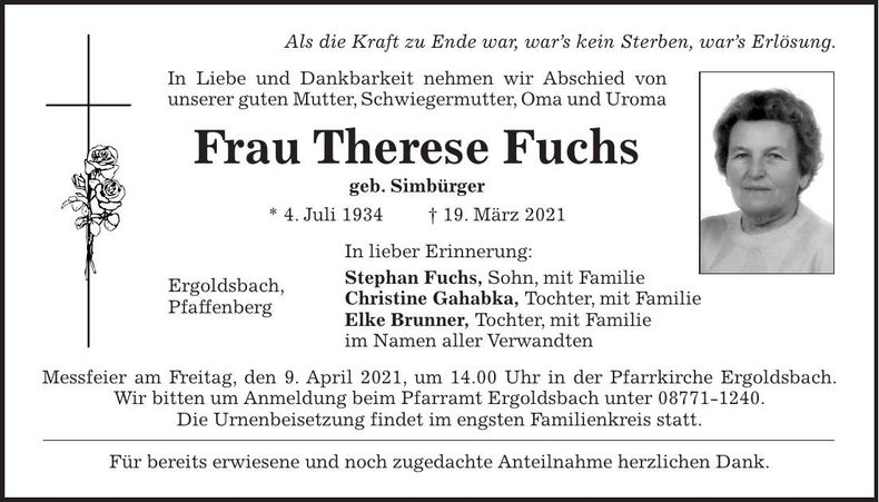 Traueranzeige Therese Fuchs