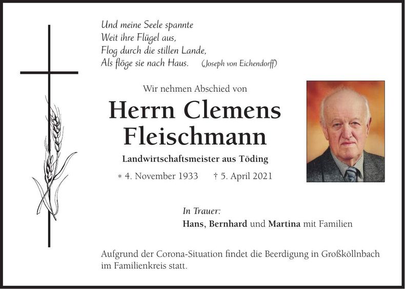 Traueranzeige Clemens Fleischmann