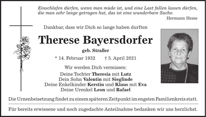 Traueranzeige Therese Bayersdorfer