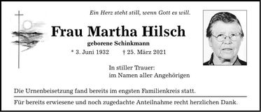 Traueranzeige Martha Hilsch