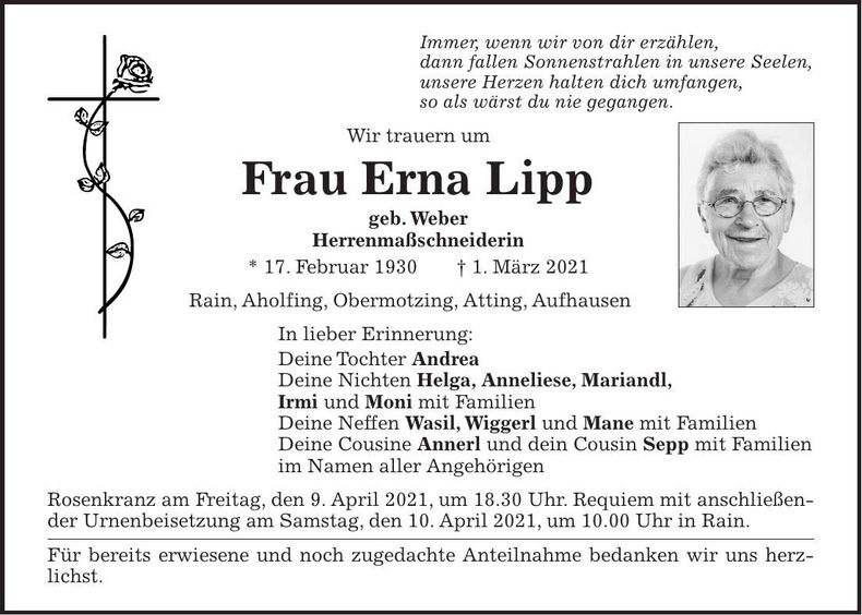 Traueranzeige Erna Lipp