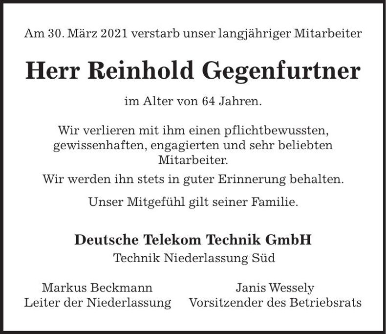 Traueranzeige Reinhold Gegenfurtner