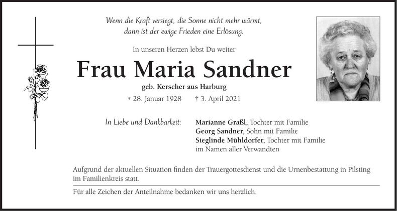 Traueranzeige Maria Sandner