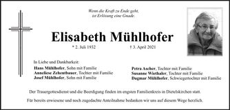 Traueranzeige Elisabeth Mühlhofer