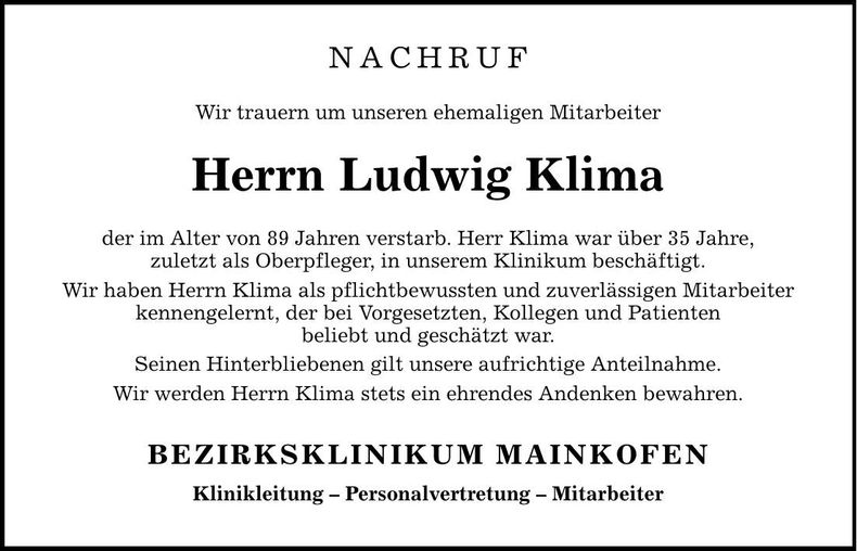Traueranzeige Ludwig Klima