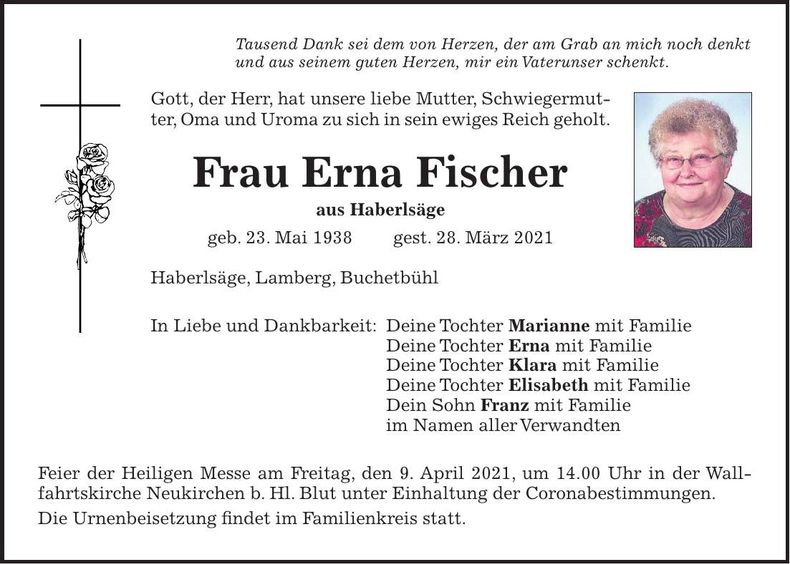 Traueranzeige Erna Fischer