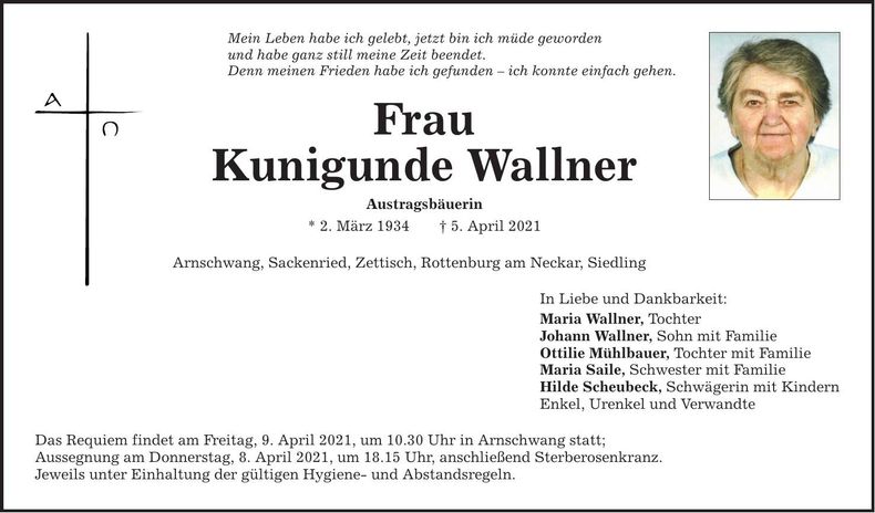 Traueranzeige Kunigunde Wallner