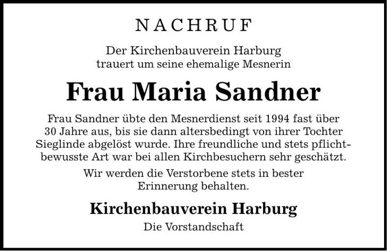Traueranzeige Maria Sandner