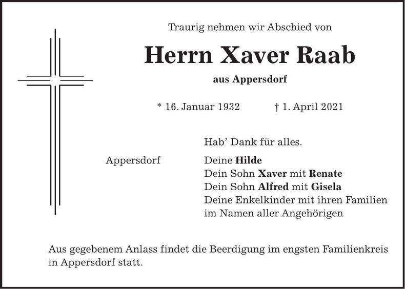 Traueranzeige Xaver Raab