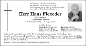 Traueranzeige Johann Flexeder