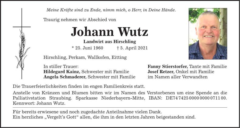 Traueranzeige Johann Wutz